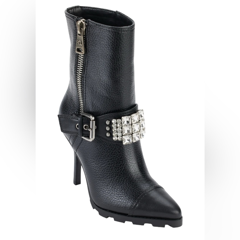 NEW Karl Lagerfield Mable Buckle Rhinestone Studded Leather Heel Boots Size 6.5